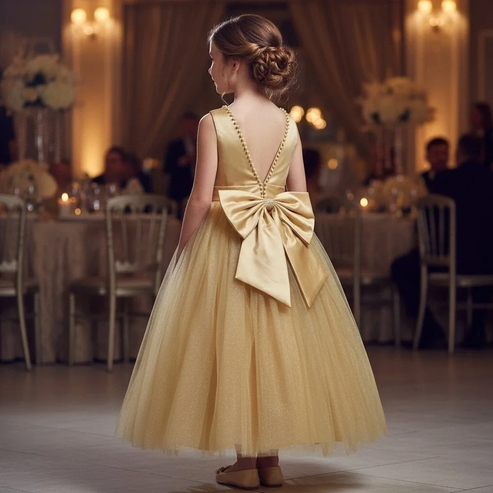 Girls Gold Maxi Gown 8 Sparkle Tulle Detachable Bow Pearls Party Wedding NWT